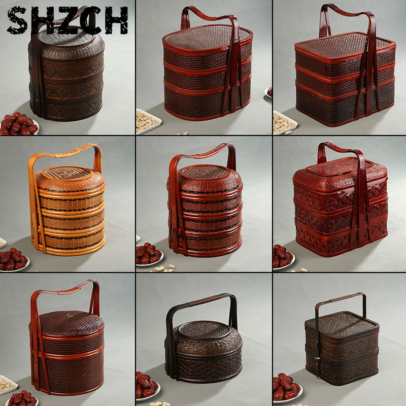 Snacks Food Hamper Basket - ตะกร้าปิกนิกไม้ไผ่พร้อมฝาปิด กล่องใส่อาหารหลายชั้นสำหรับงานแต่งงาน กล่องเก็บผลไม้และขนม กล่องเบนโตะธรรมชาติพร้อมหูหิ้ว