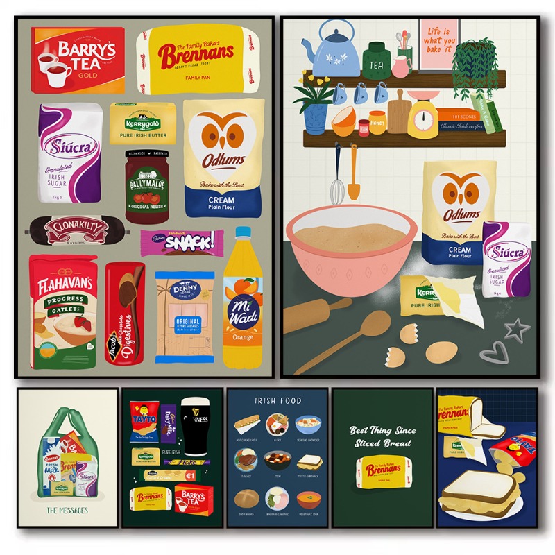 Food Snacks Pictures - ภาพวาดบนผ้าใบลายการ์ตูนอาหารไอริชสุดน่ารัก สไตล์คลาสสิก ภาพโปสเตอร์ตกแต่งผนังสำหรับตกแต่งบ้าน