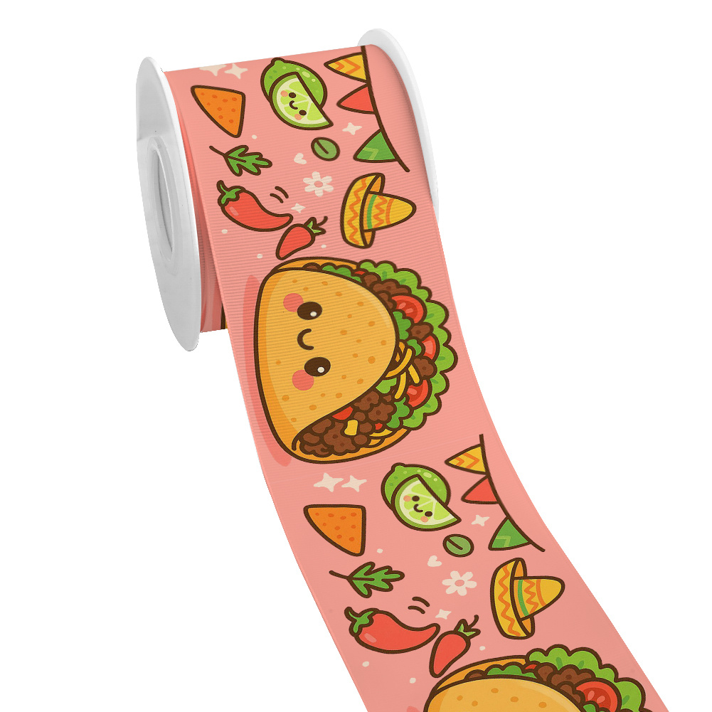 Food Snacks Pictures - ริบบิ้นผ้ากรอสเกรนลายการ์ตูนอาหารเม็กซิกัน Tacos Snack 5 หลา สำหรับทำโบว์เชียร์