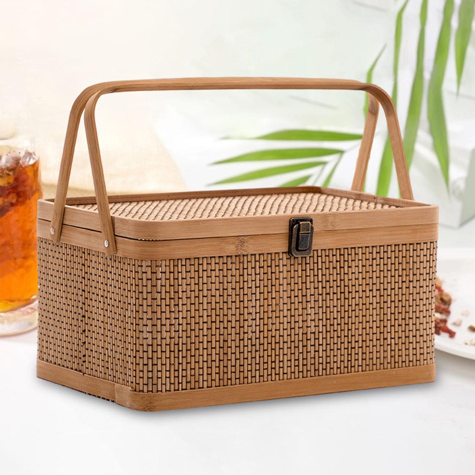 ตะกร้าปิกนิกไม้ไผ่ทำมือพร้อมฝา - Snacks Food Hamper Basket บทวิจารณ์และราคา